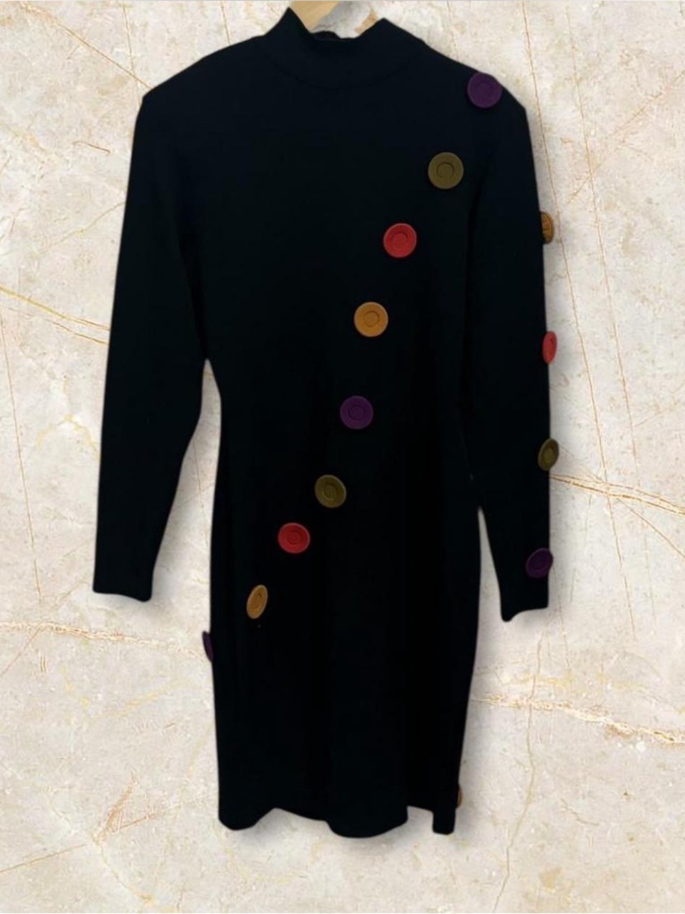 Vintage Andrea Jovine Black 1980’s fitted Wool Dress With Buttons Size Medium